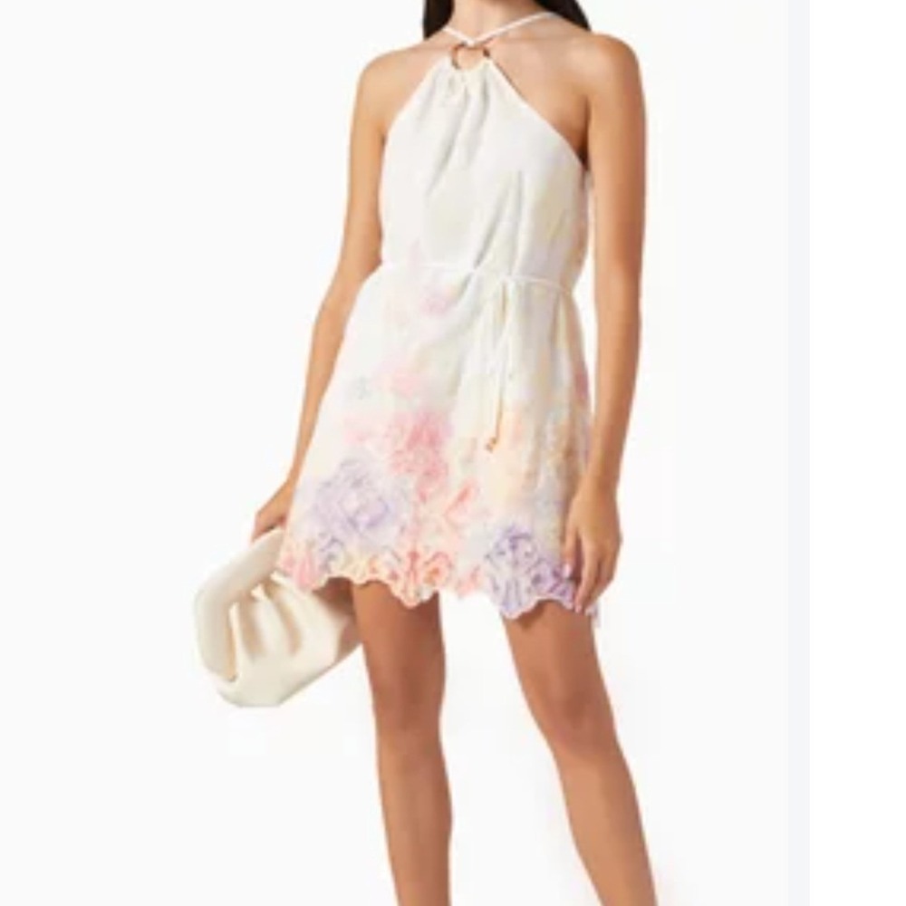 Elliatt Elysium Halter Mini Dress Multicolour Floral Embroidered Scalloped XS